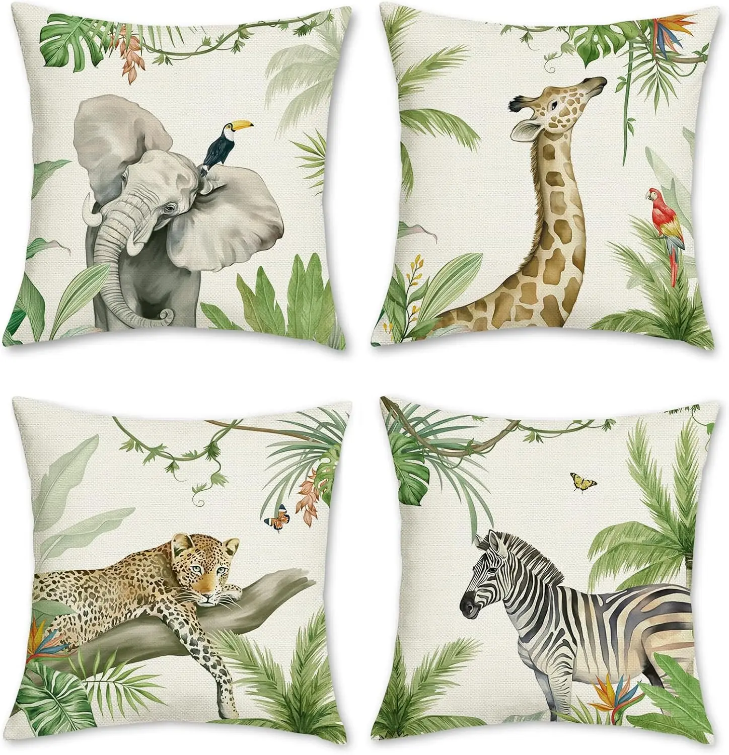 

4Pcs Wildlife Throw Pillow Covers with Leopard and Toucan Pattern Cushion Cases for Study Lounge Hotel Room Home Decor