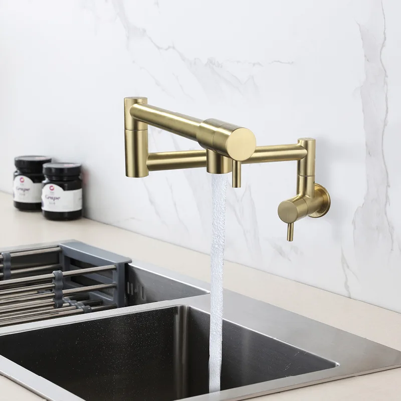 Brush Gold Pot Filler Tap Kitchen Faucet Single Cold Single Hole Tap Rotate Folding Spout Stainless Steel  Sink Tap Wall Mounted