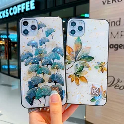 For iPhone 16 15 14 13 12 11 Pro Xs Max Plus Luxury Silicone Phone Case Glitter Gold Foil Marble Chic Leaf Feather Cute Cover