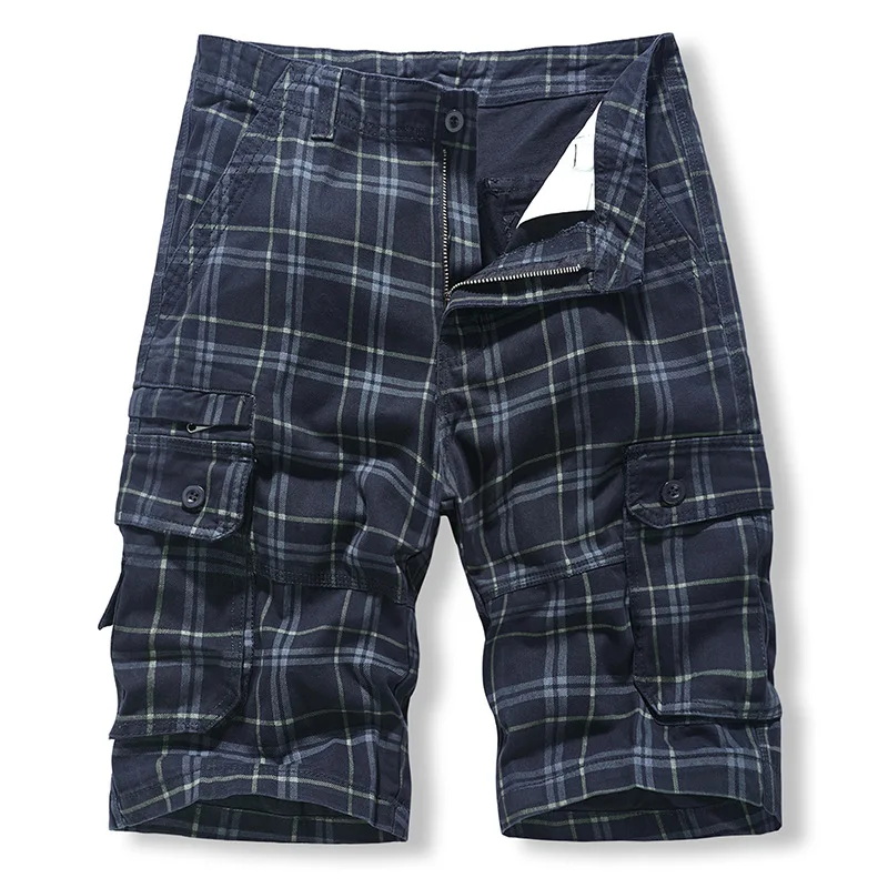 Summer Fashion Men\'s Cargo Shorts Male Plaid Cotton Multiple Pockets Shorts Pants