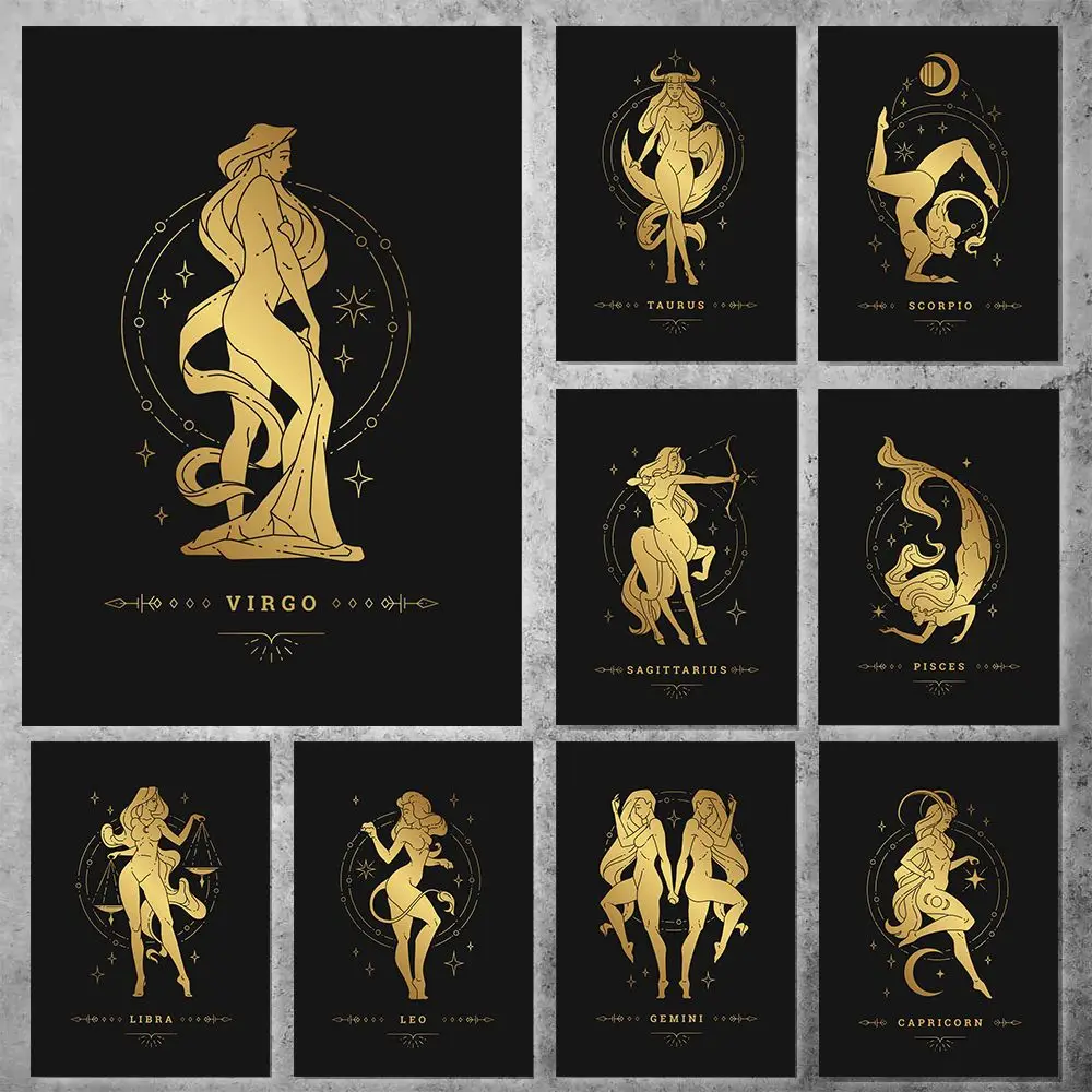 Retro 12 Zodiac Posters Capricorn Gemini Cancer Leo Libra Sagittarius Constellation Canvas Painting Wall Art Pictures Room Decor