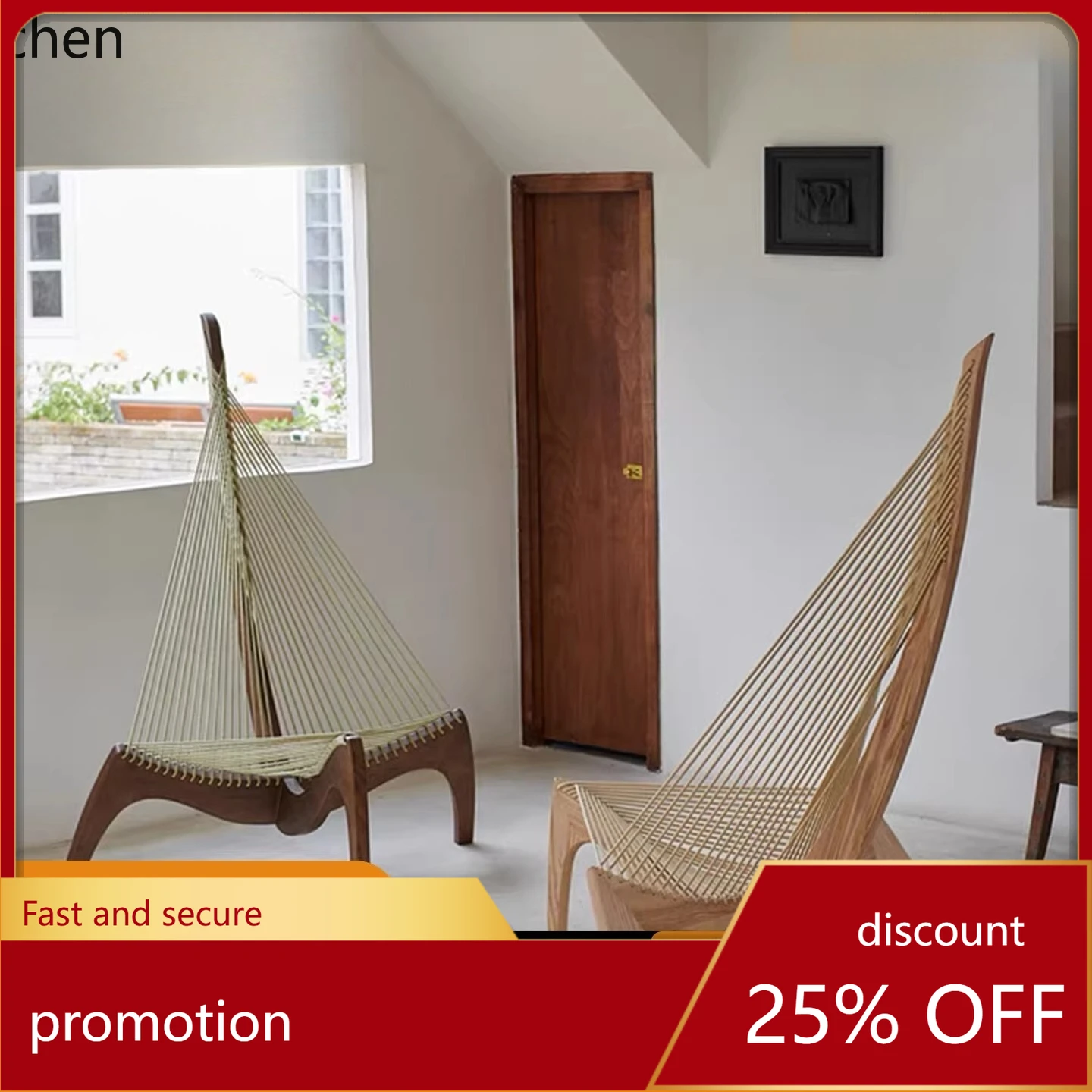 

CZ Harp Chair Homestay Solid Wood Recliner Living Room Leisure Single Sofa Coffee Lounge Chair