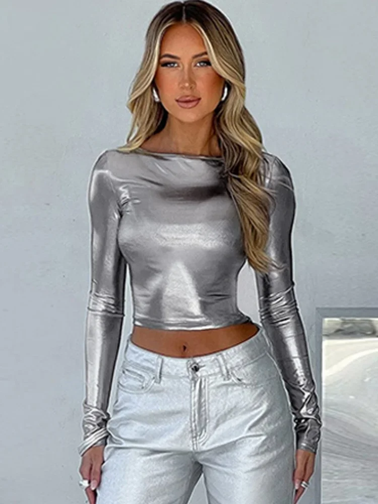 Long Sleeve Crop Top Women Aesthetic T Shirts O-Neck Slim Y2k Accessories Clothes Bright Streetwear Roupas Femininas Estilosas - view 5