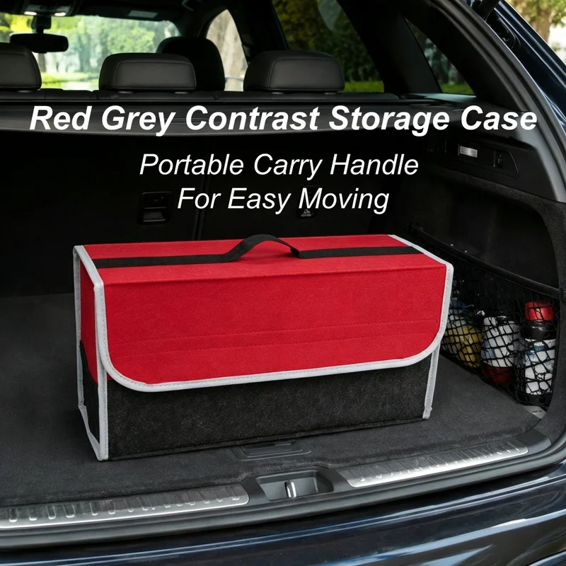 Unbranded car storage box with handle and flip-top lid，Red and gray contrasting color with black and white edges, large-capacity