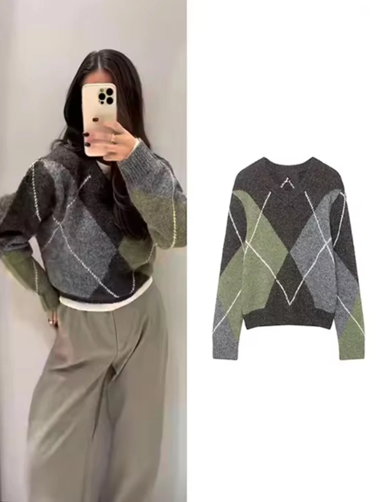 

Women New Autumn Winter Fashion Casual Pullover Sweater Long Sleeves Diamond Pattern Round Neck Elegant Sweater