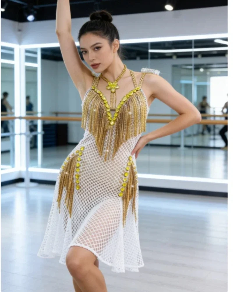 New White Latin Dance Dress High-End Professional Competition Costume Custom Ballroom Dance Outfit For Women Grading Exam Stage