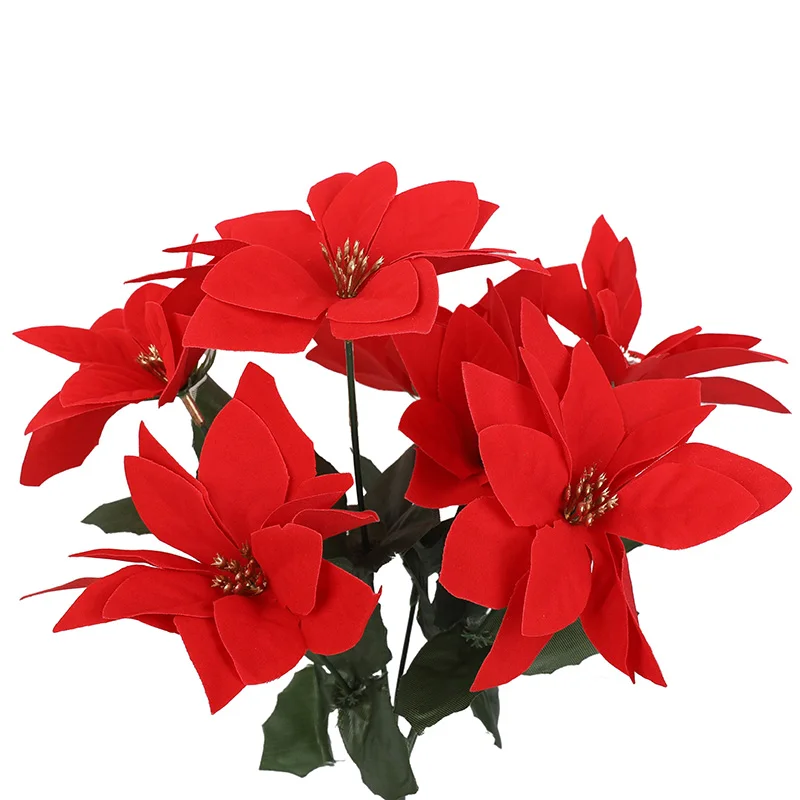 35 سنتيمتر عيد الميلاد شجيرات البونسيتة الاصطناعية فو 7 رؤساء الأبيض الأحمر الحرير الاصطناعي زهرة عيد الميلاد باقة حفل زفاف ديكور #3