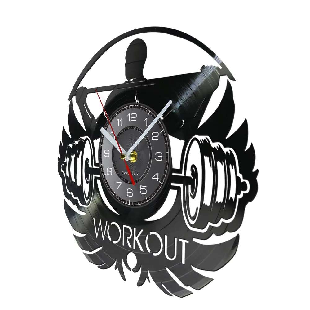 Fitness Dumbbell Vinyl Record Wall Clock Fitness Gym Theme Home Decoration Living Room Fitness Art Decoration Wall Watch