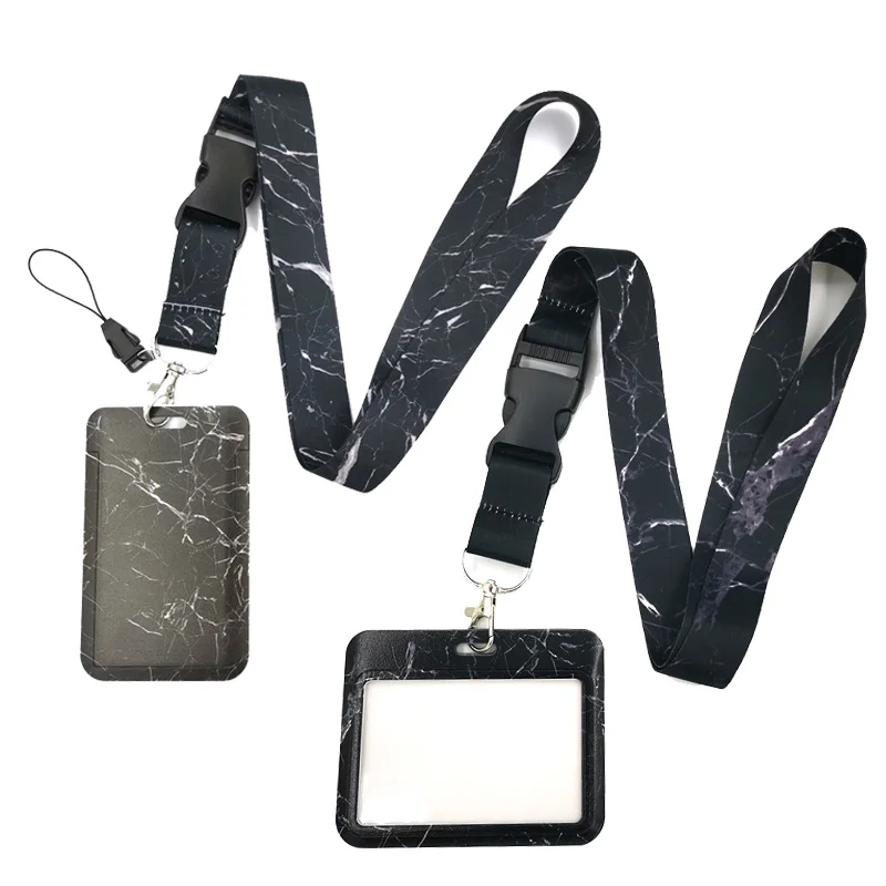 Black Marble Texture Art Cartoon Anime Fashion Lanyards Bus ID Name Work Card Holder Accessories Decorations Kids Gifts