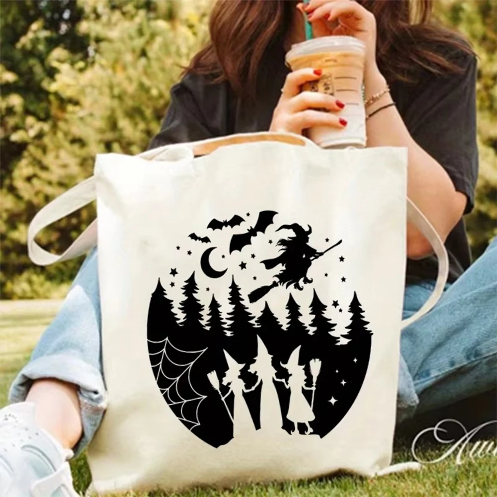 Personalized Halloween Witch Canvas Tote Bags Custom Name Spooky Black Cats Grocery Shopping Bags Reusable for Women Girls Gifts