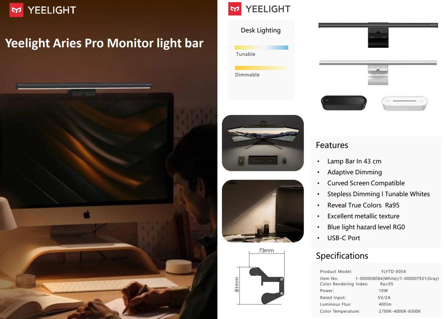Yeelight Aries Pro Monitor Light Bar 400lm 10W Ra95 Adaptive Dimming 2700K-6500K USB-C Curved Screen 43cm