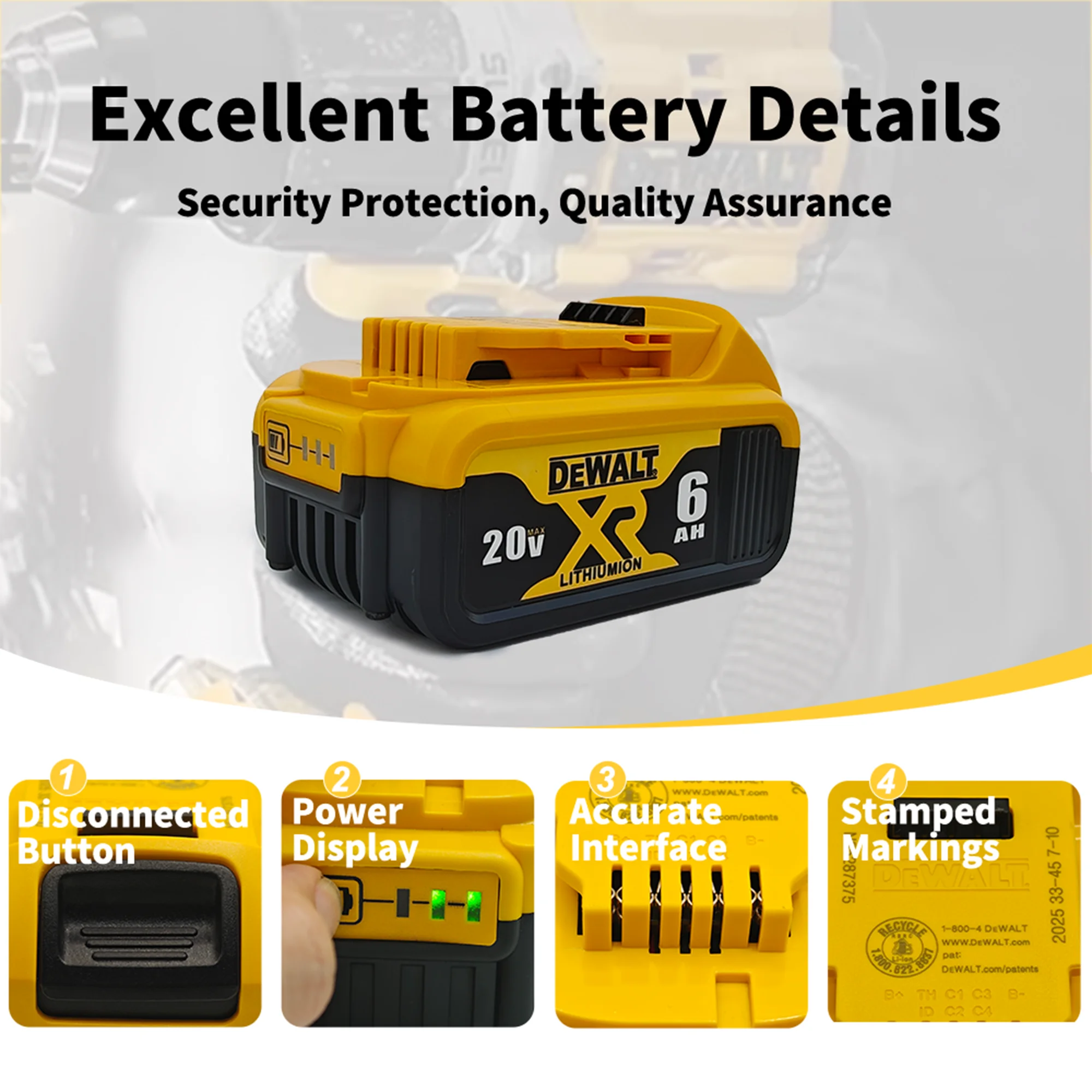 Dewalt DCB206 2-Pack Battery 20V Max XR 6Ah ليثيوم أيون قابلة للشحن بديل لأدوات الطاقة الكهربائية اللاسلكية