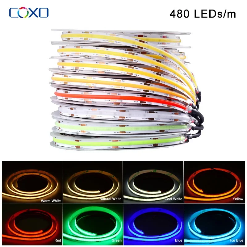 DC 12V 24V COB LED Strip Light 480LEDs/m Flexible High Density Tape Natural Cool White Red Ice Blue LED Light Bar Linear Lamp