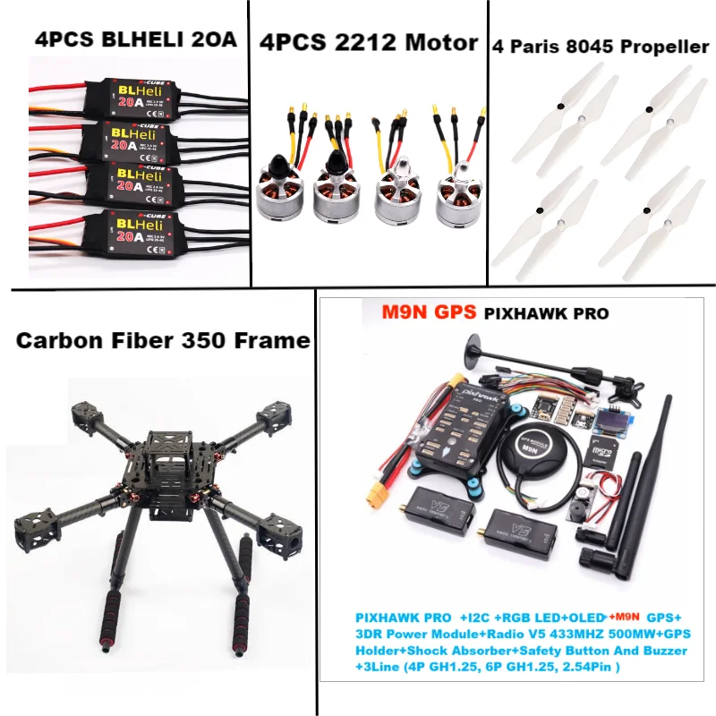 RctoSky Carbon Fiber 350  PIXHAWK PRO M9N KitFlight Control Ardupilot Radio Telemetry Quadcopter BLHELI 20A 2212 Motor ESC