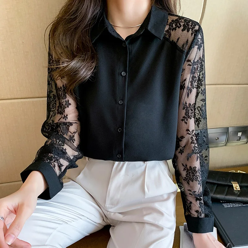 Women Clothing Elegant Turn-down Collar Lace Chiffon Shirts Spring Summer Fashion All-match Long Sleeve Blouses Casual Loose Top