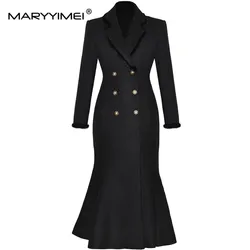 MARYYIMEI Autumn and Winter Women's Coat Notched Double-breasted Long-Sleeved Pretty Slim-Fit Hip Wrap Mermaid Overcoat