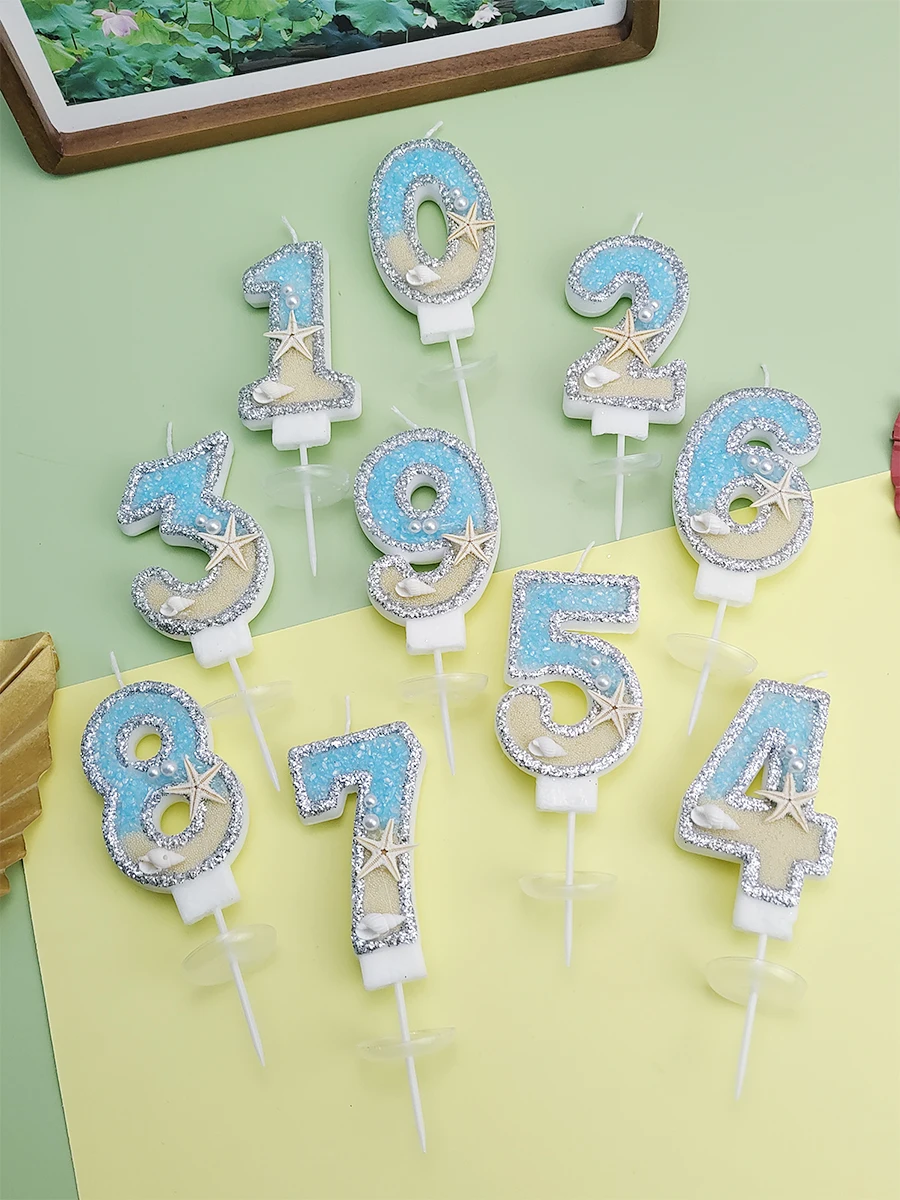 Blaue Seestern-Kuchenkerze im Ozean-Thema mit Zahlenkerzen 0-9 für Jungenpartys, auch als digitale Kerze – Detail 3