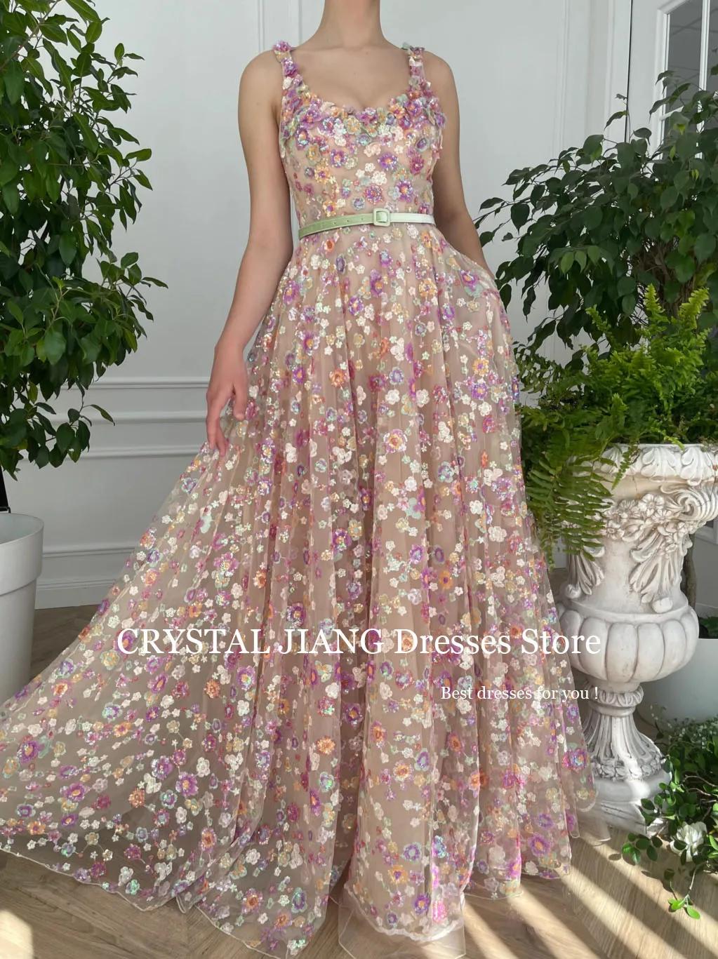 Long Prom Dresses Scoop Neck Sequins Tulle with Embroidered Flowers Sleeveless A Line Floor Length فساتين نسائيه سهره