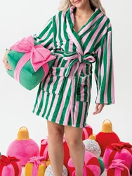 New Women Winter Plush Robe Long Sleeve Lapel Tie-Up Stripe Heart Candy Triangle Prints Sleepwear Loungewear Hot Sale S M L