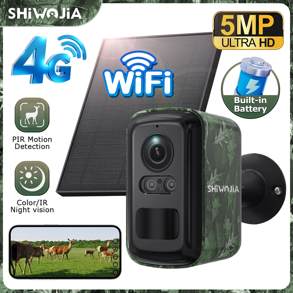 

SHIWOJIA 5MP Solar Battery Camera 4G SIM /WIFI 360° View Camouflage Outdoor Hunting PTZ Camera 8000mAh Battery Video Recording