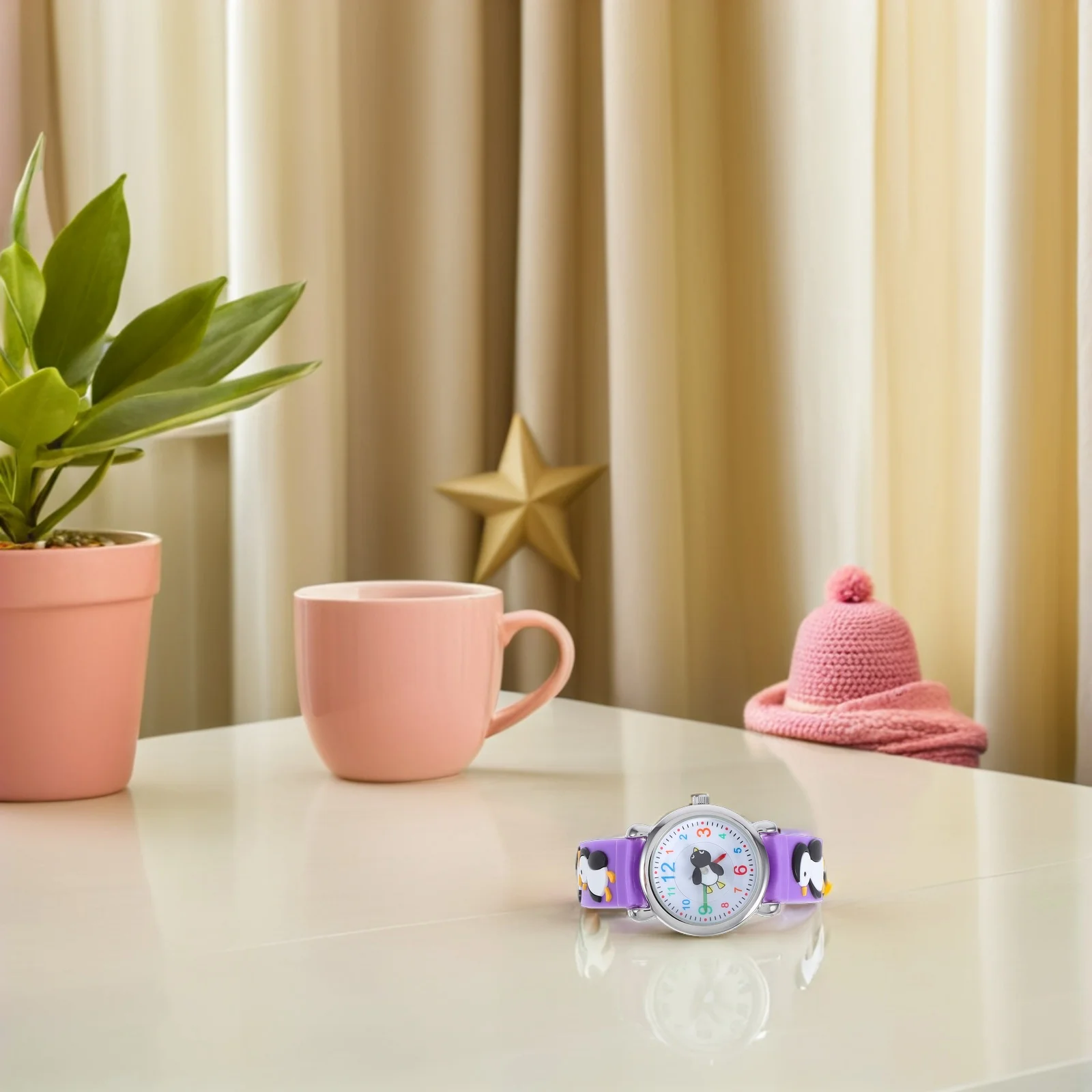 Cartoon Penguin Watch Purple Waterproof Comfortable Wristband Analog for Outdoor Study Activities