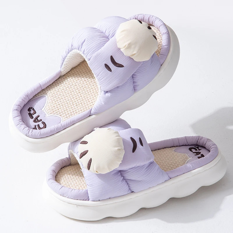 Casual Platform Slippers Women Home Cute Cartoon Cat Designer Shoes Girls Linen Fashion Popular Elegant House Slippers Open Toe