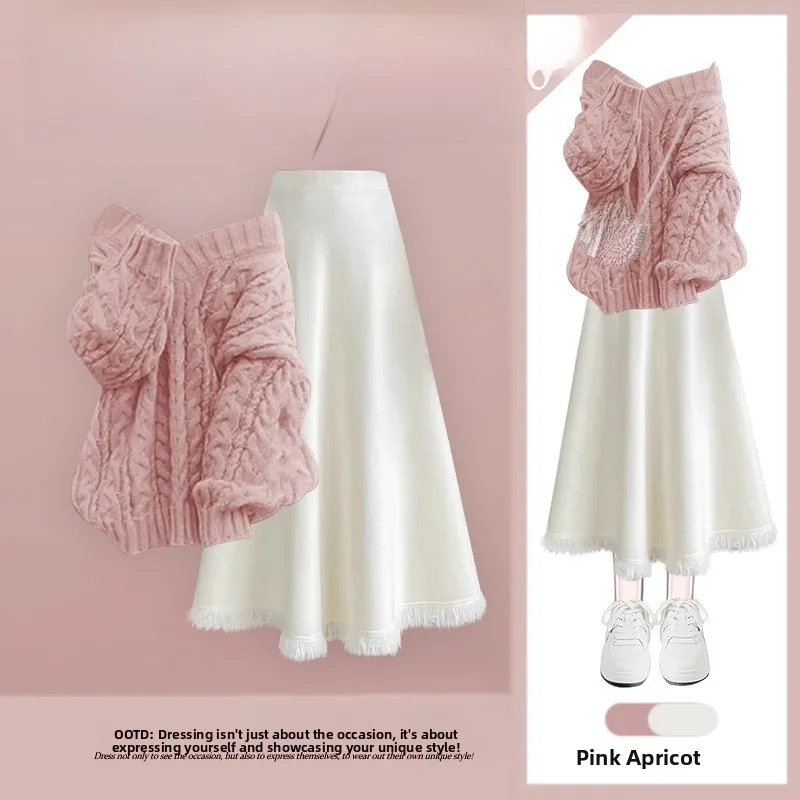 

Faionable Knitted Sweater And Skirt Set Women's Autumn Winter Warm Sle Two-Piece Ensemble Casual Versatile Outfit