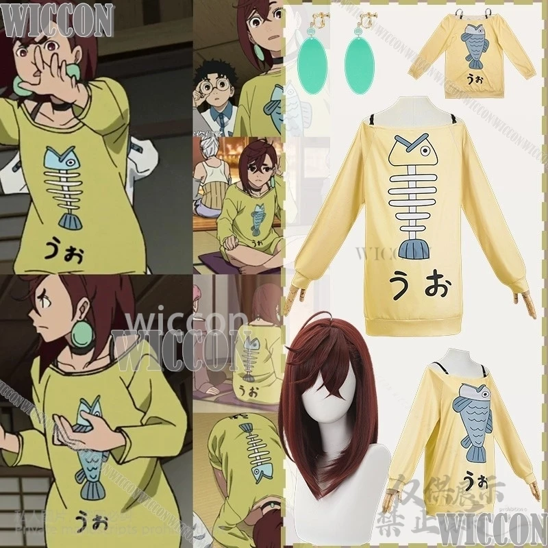 

Anime Dandadan Cosplay Momo Ayase Yellow Strapless Sweatshirt Boat Neck Fantasia Uniform Cartoon Fish Wig Carnival Customized
