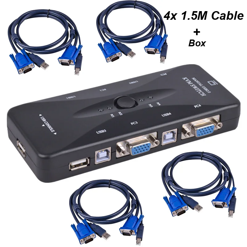 4 Port KVM Switch USB 2.0 VGA Splitter Printer Mouse Keyboard Share Switcher VGA Box + 4PCS 1.5M KVM Cable PC Computer U disk