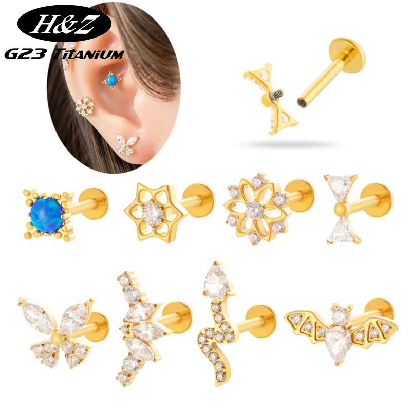 

2PC G23 Titanium Ear Stud Tragus Cartilage Internal Thread Flat Back Zircon Butterfly Bat Helix Lip Stud Labret Piercing Jewelry