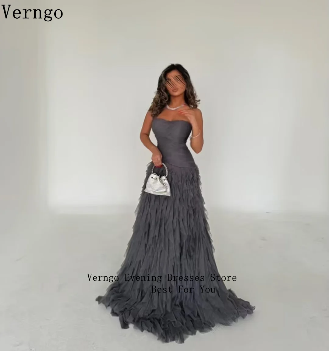 Verngo Gray Tulle Evening Dress Strapless A Line Tiered Prom Party Dress Women Elegant Formal Arabic Prom Gowns Customized image 2
