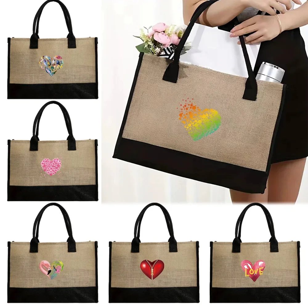 

Large Capacity Shopping Bag Waterproof Linen Tote Bag Jute Bag for Women Shopper Handbag Printing Love Series