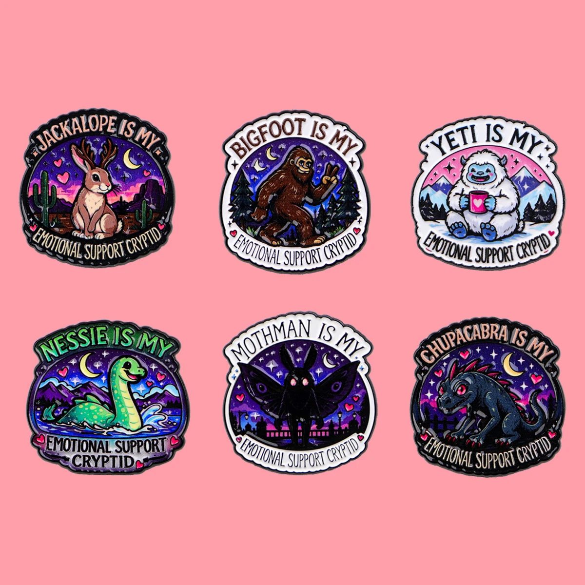 6pcs Emotional Support Quotes Enamel Pin Cute Monsters Badge for Backpacks Collar Bigfoot Mothman Lapel Pin Hat Jewelry Gifts