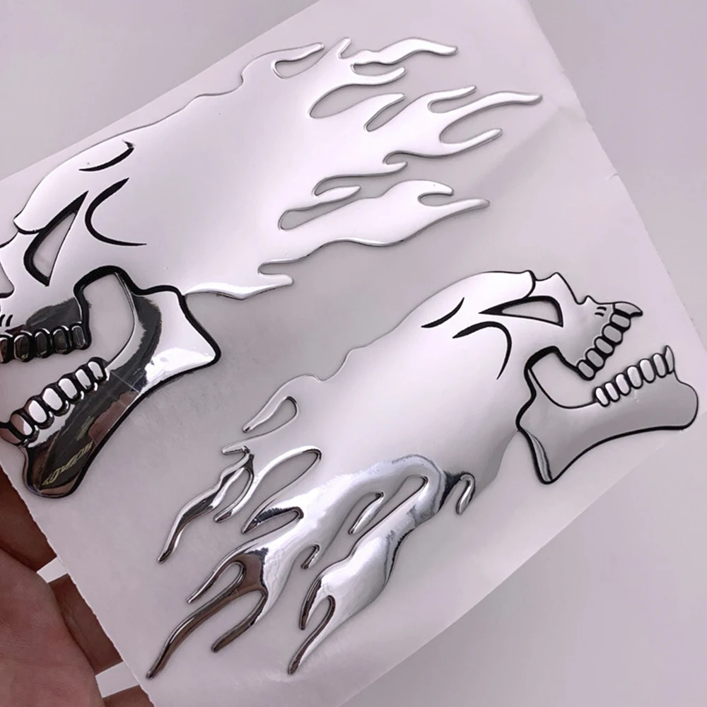 2Pcs/Pair 14*6cm Car Decoration Stickers,Helmet Shaped Decoration,Silver Fire Skull Stickers,Car Decoration Accessories view 2