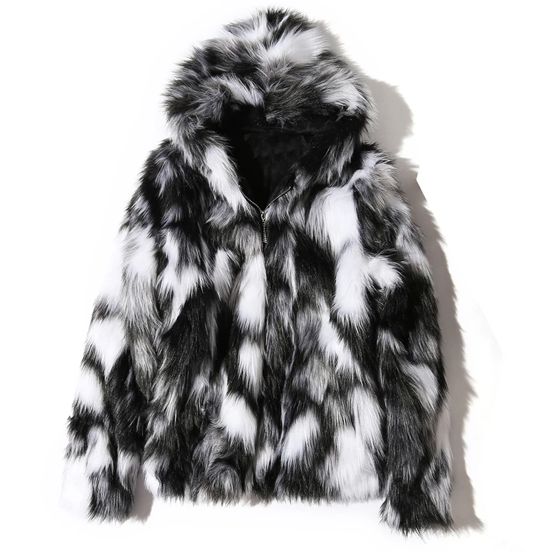 

Hooded Fur Jacket White Black Gray Hairy Zip Faux Fox Fur Coat Thick Warm Winter Fluffy Clothes Women Man Couple Outerwears