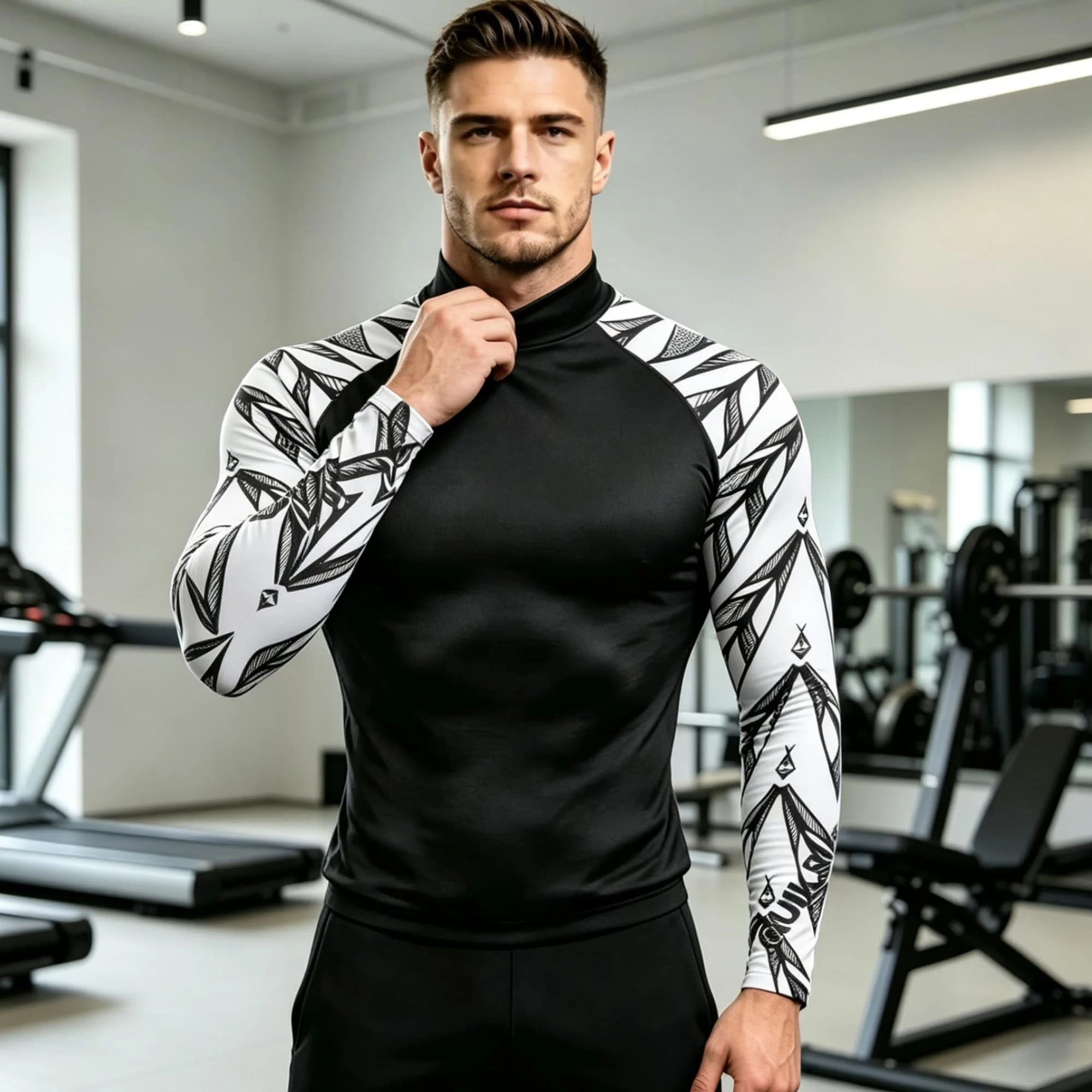 Geometric Print Spliced Mock Neck Long Sleeve Compression Shirt For Men, Stretchy Breathable Gym Workout Athletic Tee