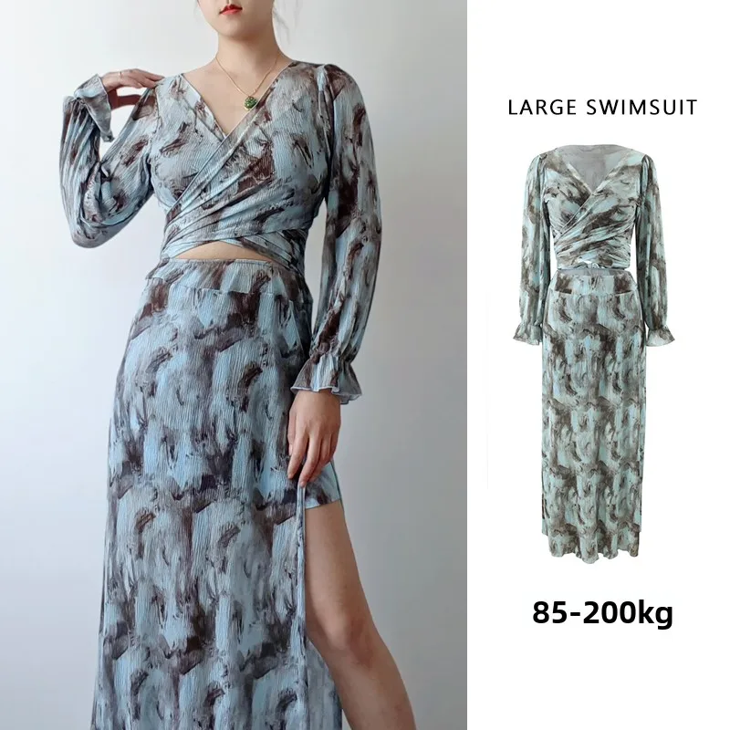 

Комплект женского бикини большого размера из четырех предметов: купальник с V-образным вырезом, утягивающая длинная юбка-накидка, полиэстер, нейлон, без косточек