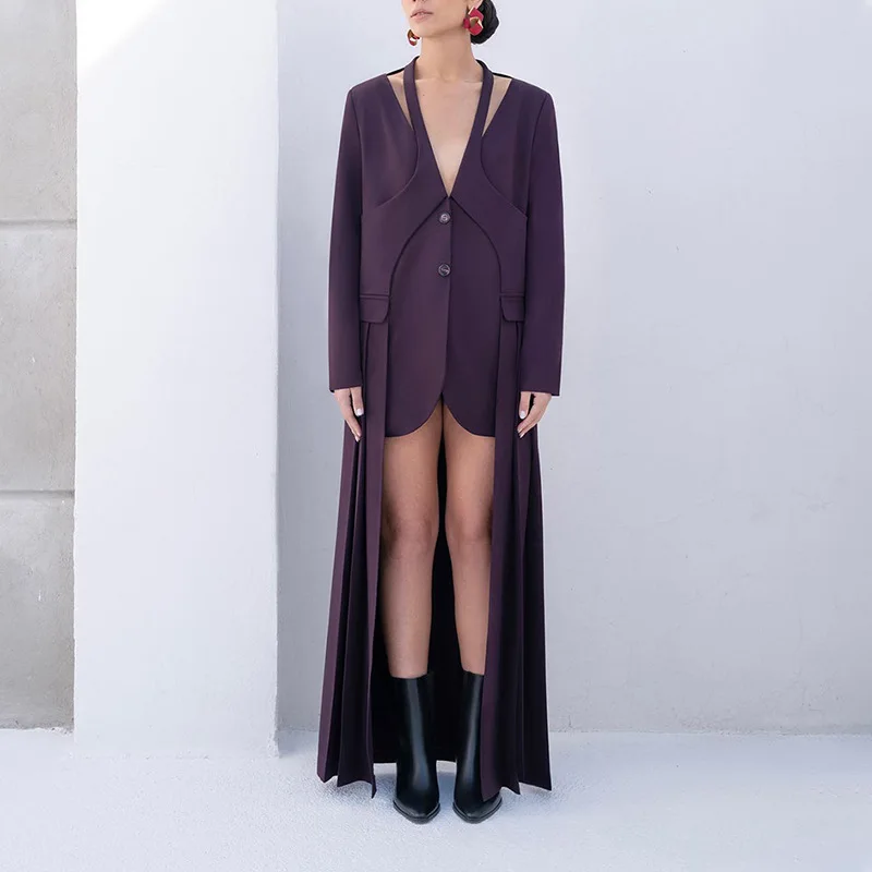 Herfst Winter Dames V-hals Lange Blazerjas Loose Fit Street Trend Gepersonaliseerde Mode Bovenkleding