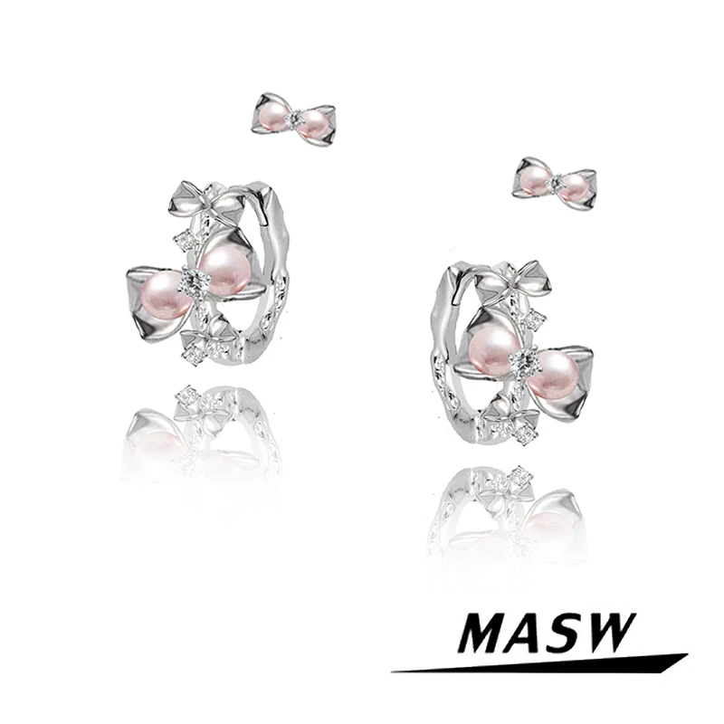 

MASW Original Design Sweet Temperament Two Pair Per Set Pink Bowknot Buckle Stud Earrings For Girl Women Party Gift Jewelry