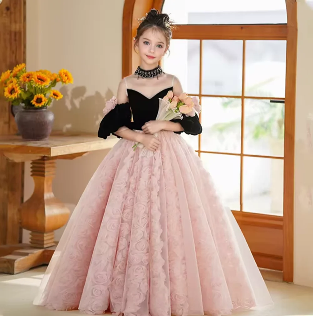 

Luxury Half Sleeve Crystal Pink Girl Dress 3D Flowers for Princess Kids Birthday Wedding Party Pageant Holiday Gown
