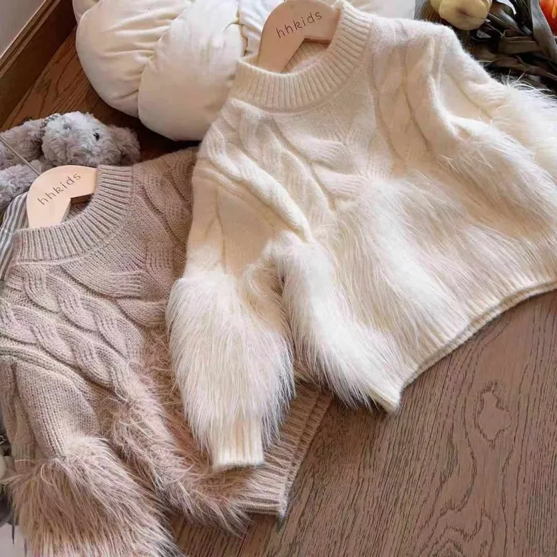 

2-8T Girls Autumn Winter Sweater 2024 New Girls Baby Korean Fashion Outerwear Solid Color Design Versatile Loose Girls Top