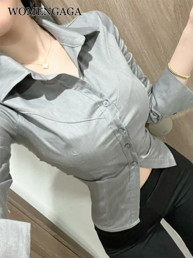 WOMENGAGA 2023 Sexy Office Lady Shirt V-neck Elegant Long-sleeve Lapel Slim Blouse Fashion Korean Women Tops  QIF8