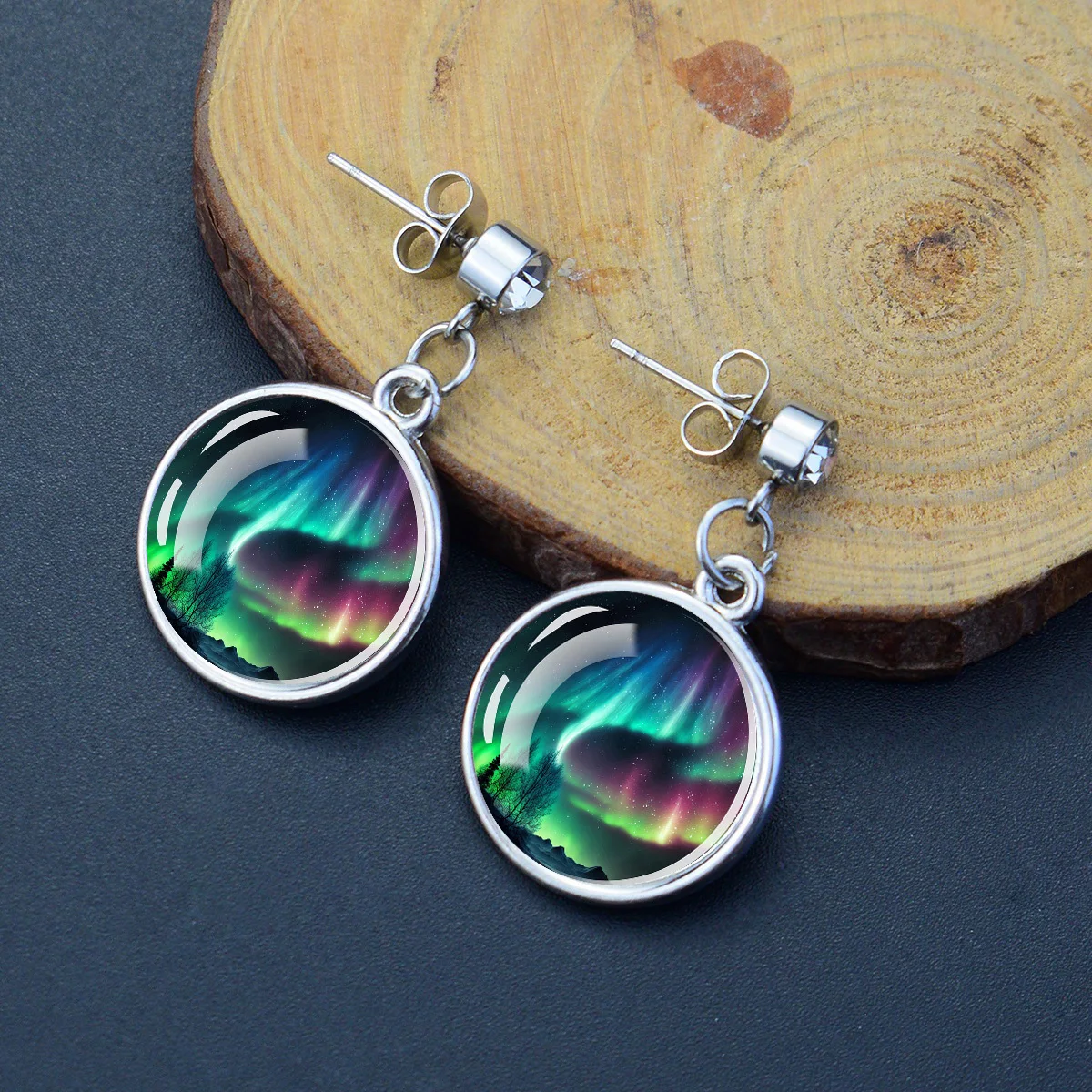 2PCS Northern Lights Aurora Landscape Print Glass Cabochon Dangle Earrings, Women Cosmic Night Sky Drop Earrings