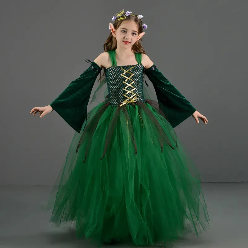 

Children Kids Forest Elf Cosplay Princess Green Dress Costume Girls Stage Performance Ears Clothing Outfits Halloween Party Suit