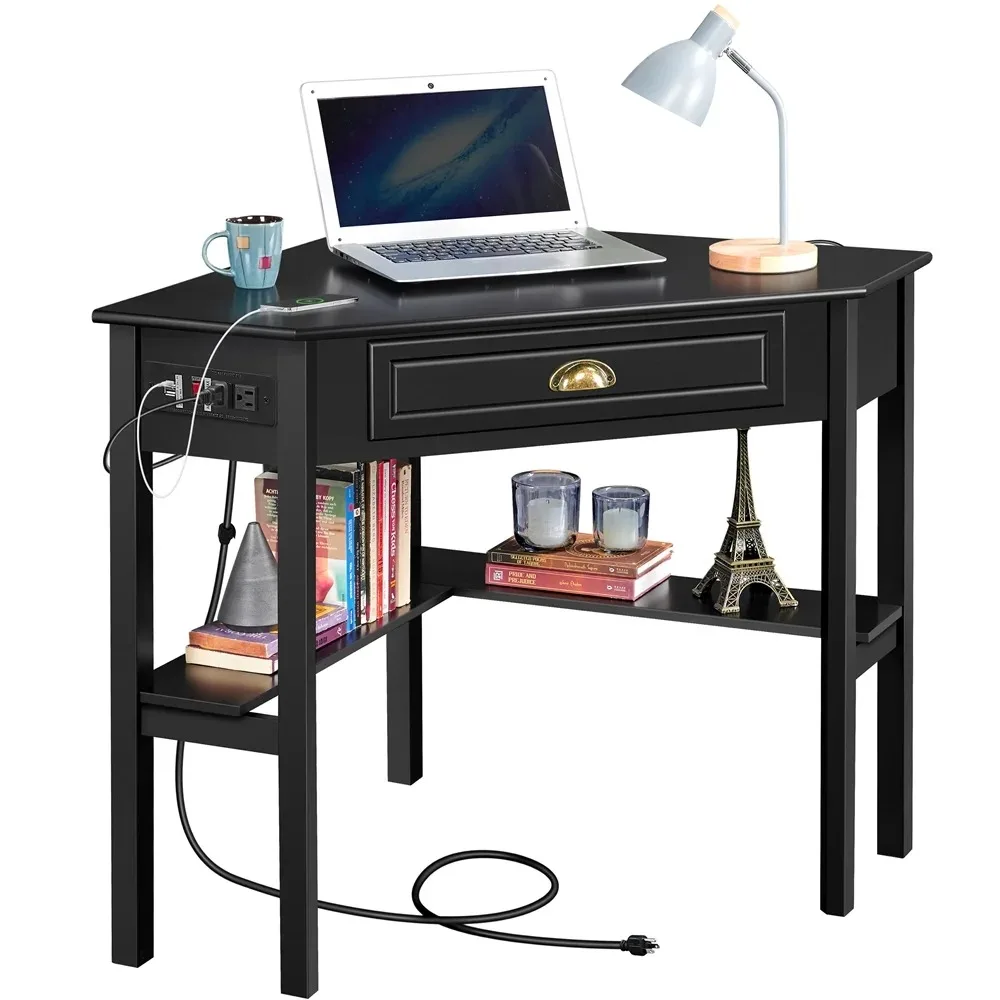 

Modern Corner Computer Desk with Power Outlet and Drawer, Black