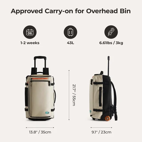 BAGSMART 43L reisrugzak met gladde PU-wielen Rolrugzak met grote capaciteit Multifunctionele bagagekofferrugzak