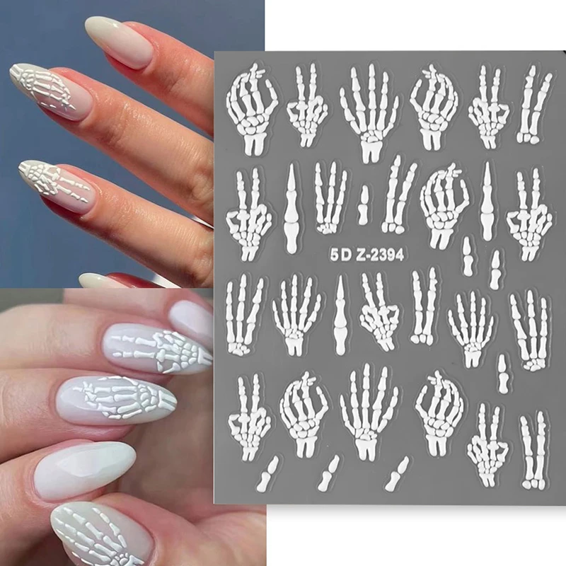 5D Relief Skeleton Hand Halloween Nail Art Stickers Slider Decal DIY Manicure Decoration Tips Nail Accessories Tools