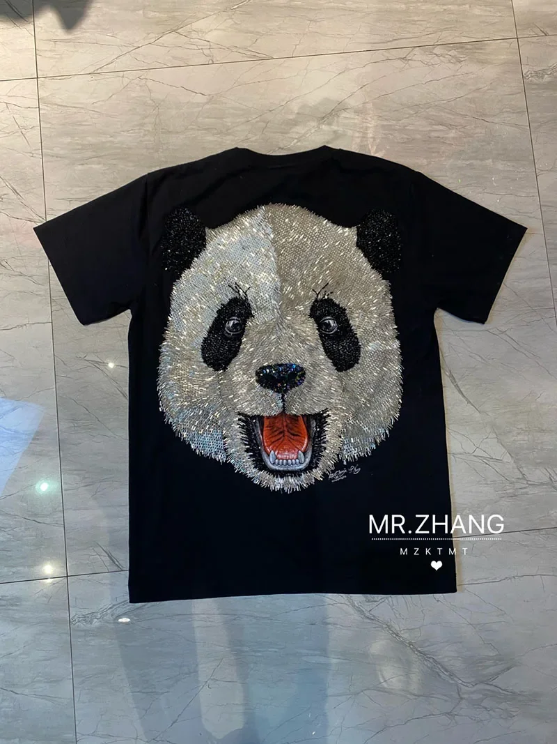 Fashion Brand Heavy Industry Manual Beaded Panda Pattern Short-Sleeved Black T-shirt 2023 Summer Sequined Cotton Round Neck Top