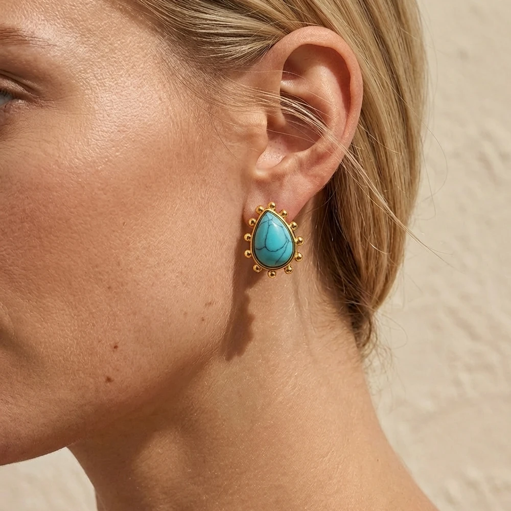 

Turquoise Teardrop Stud Earrings Gold Color Stainless Steel Vintage Boho Jewelry Women Fashion Elegant Daily Party Gift