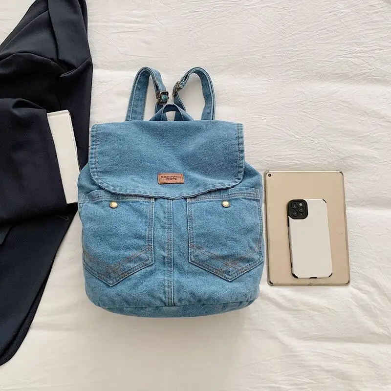 جديد ريترو الدنيم حقيبة الظهر غطاء الوجه جان جيب الأجهزة النحاسية الجلود التسمية عادية اليومية المدرسة الحد الأدنى حقيبة الظهر الموضة